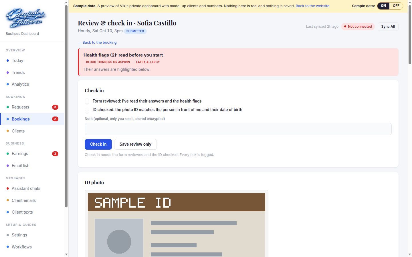 Review & check in for a sample client: health flags first, the check-in ticks, then a placeholder ID photo (sample data)