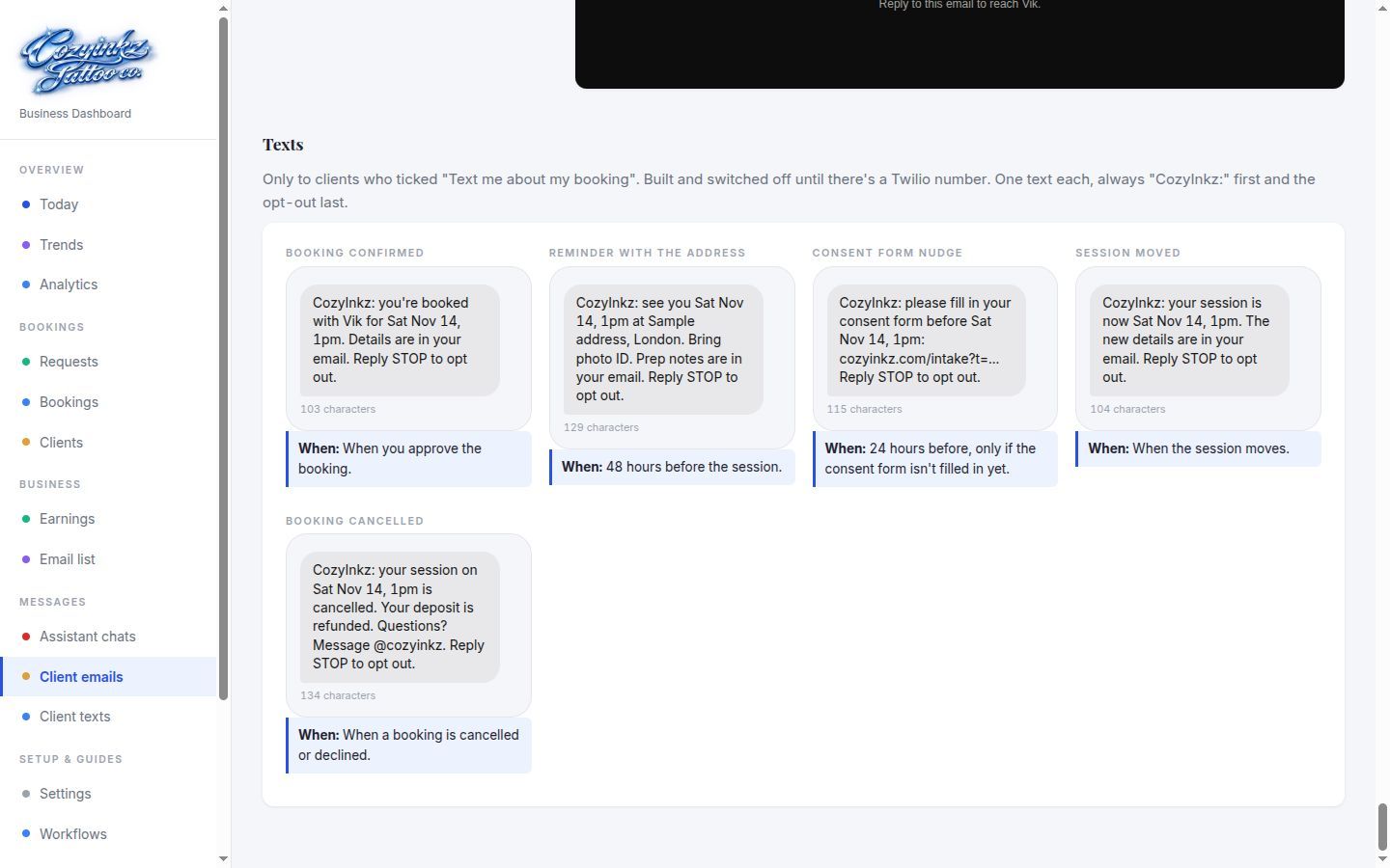 The five booking texts as phone bubbles on the previews page (sample client)