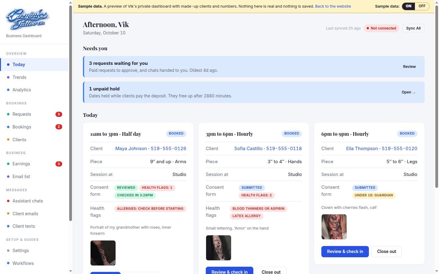 Vik's dashboard Today page with sample clients, consent form status and health flags (sample data, money figures removed)