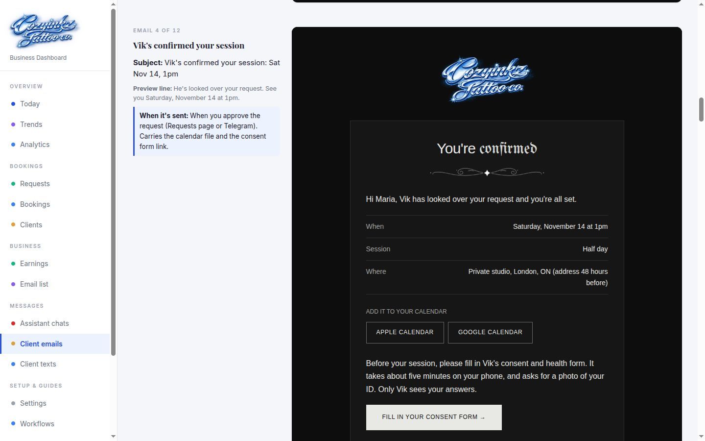 Email preview: Vik's confirmed your session, in the dark CozyInkz look (sample client, amounts removed)