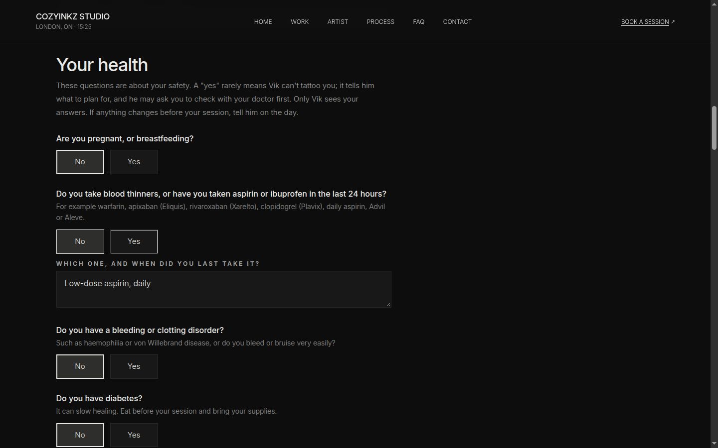 The consent form's health section on the preview, with a sample yes answer and its detail