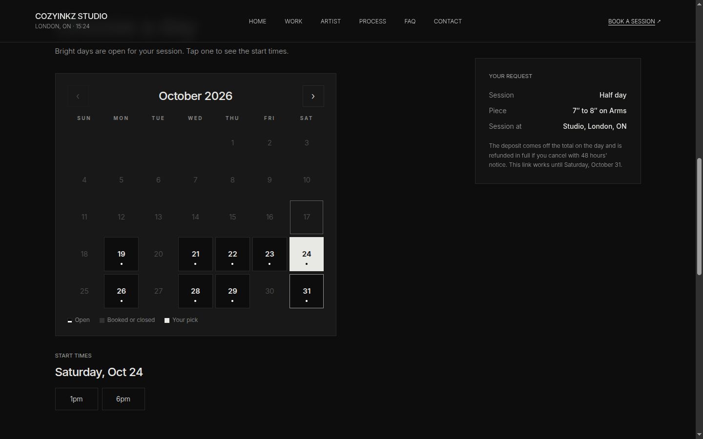 The /pick month calendar with open days and the 1pm and 6pm start times (sample dates)