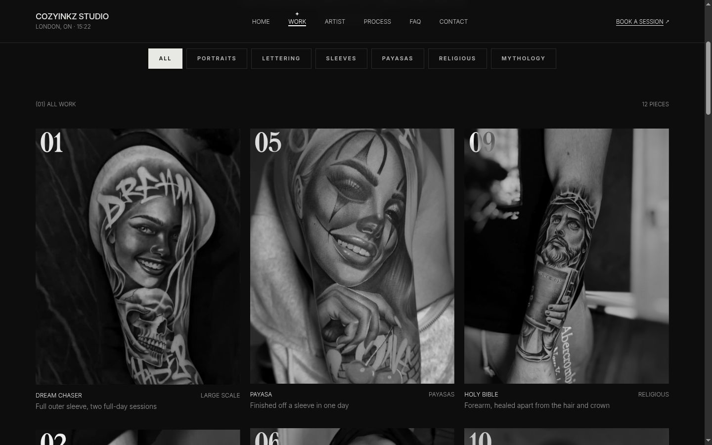 The CozyInkz Work page: black and grey tattoo photos in a dark gallery with style filters