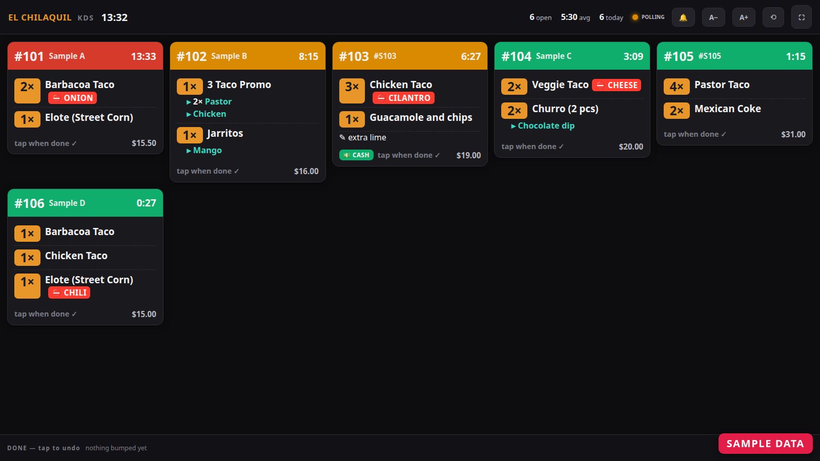Kitchen display with colour-coded tickets (sample data)