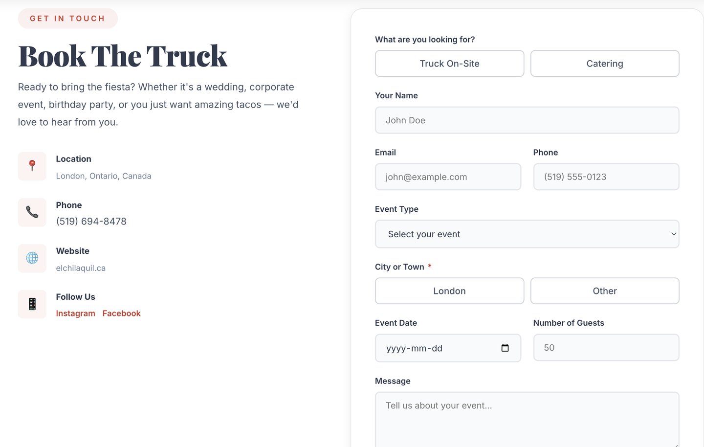 El Chilaquil Book The Truck enquiry form: truck or catering, event type, city, date and guests