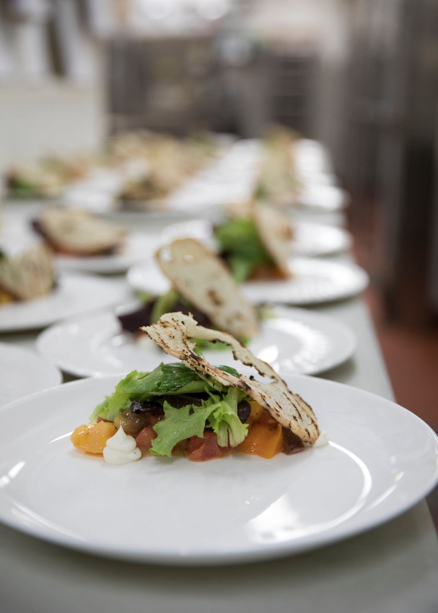 Plates lined up for service in a restaurant kitchen