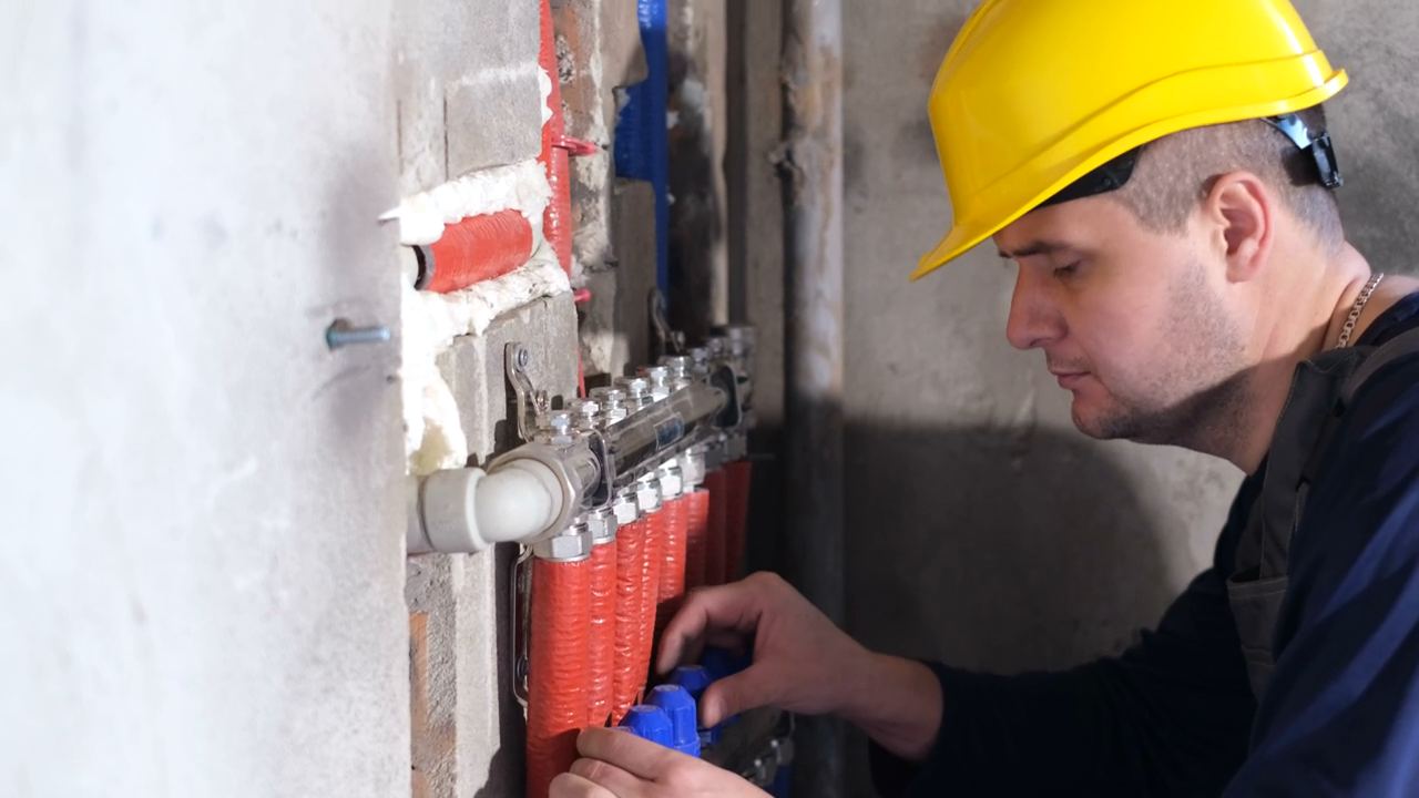 A tradesperson in a hard hat working on pipes